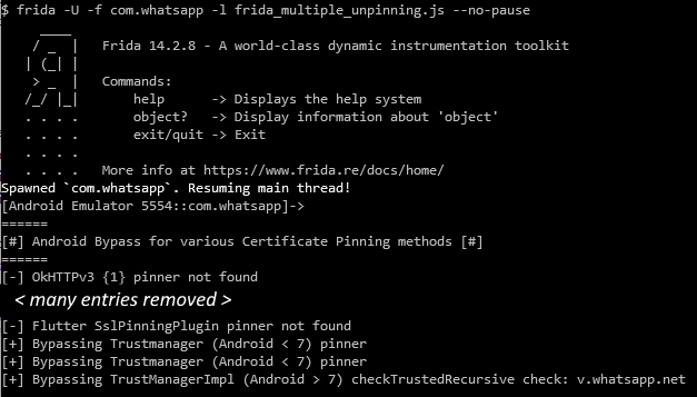 Start Frida, load the script and spawn the app to bypass certificate pinning
