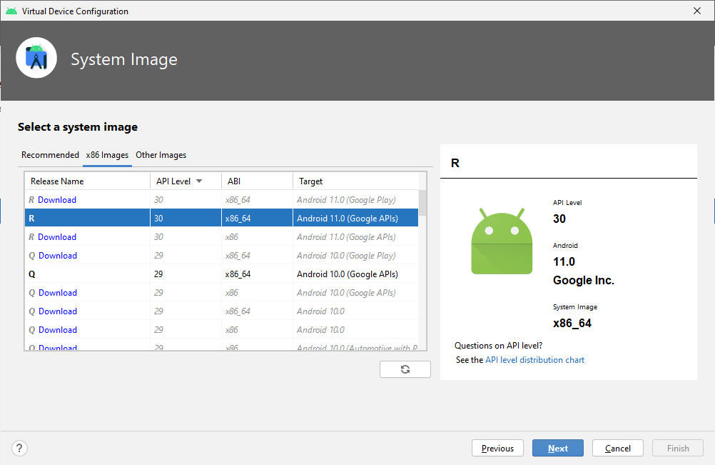 An Android 11.0 (Google APIs) image is a good choice.